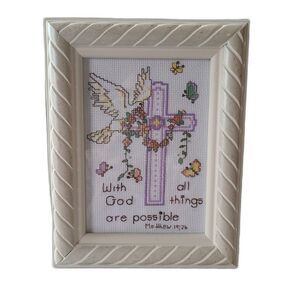 Vintage Counted Cross Stitch "With God All Things Are Possible" Completed Framed